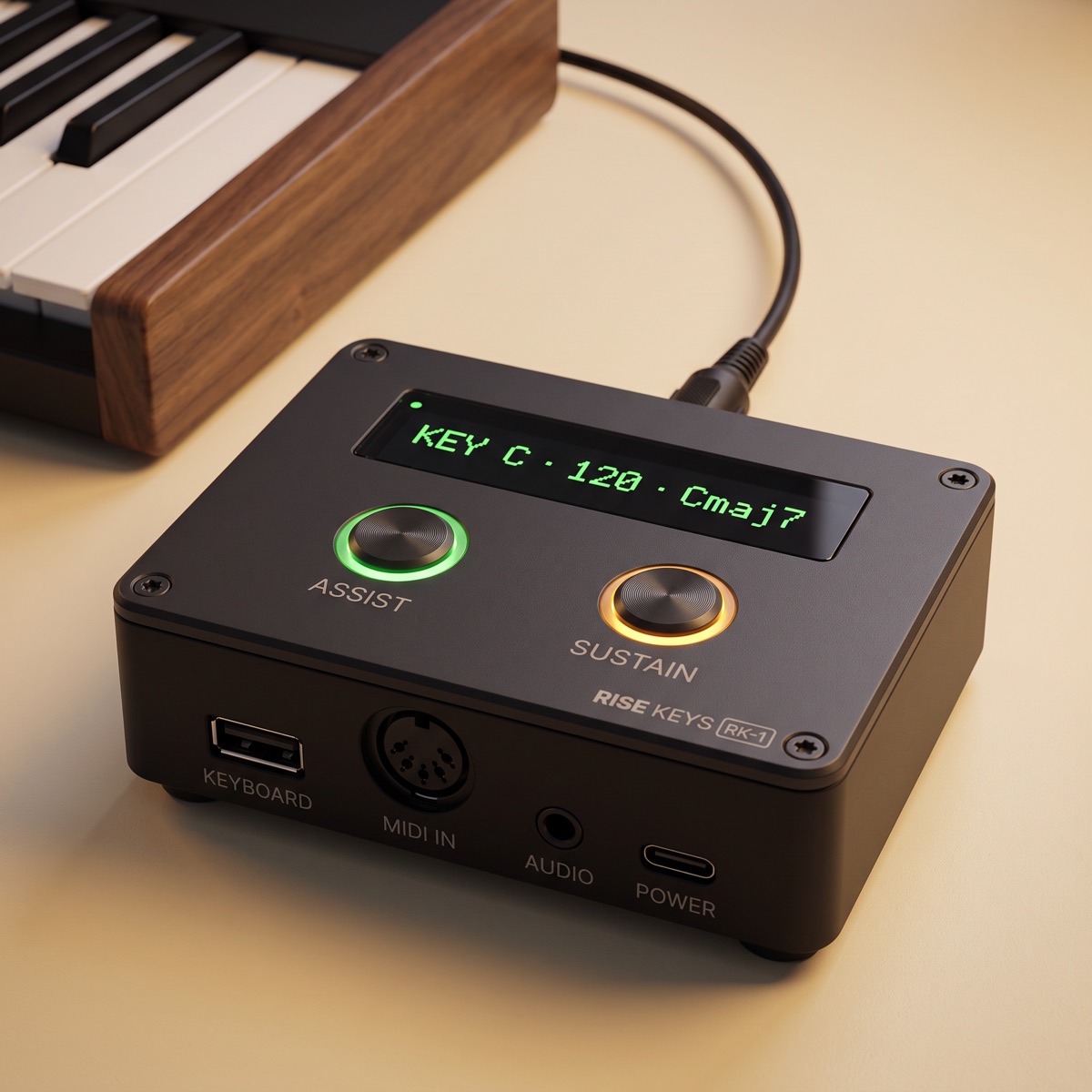 Rise Keys RK-1: a matte charcoal box with a
    green OLED display, glowing ASSIST and SUSTAIN buttons, beside a
    MIDI keyboard